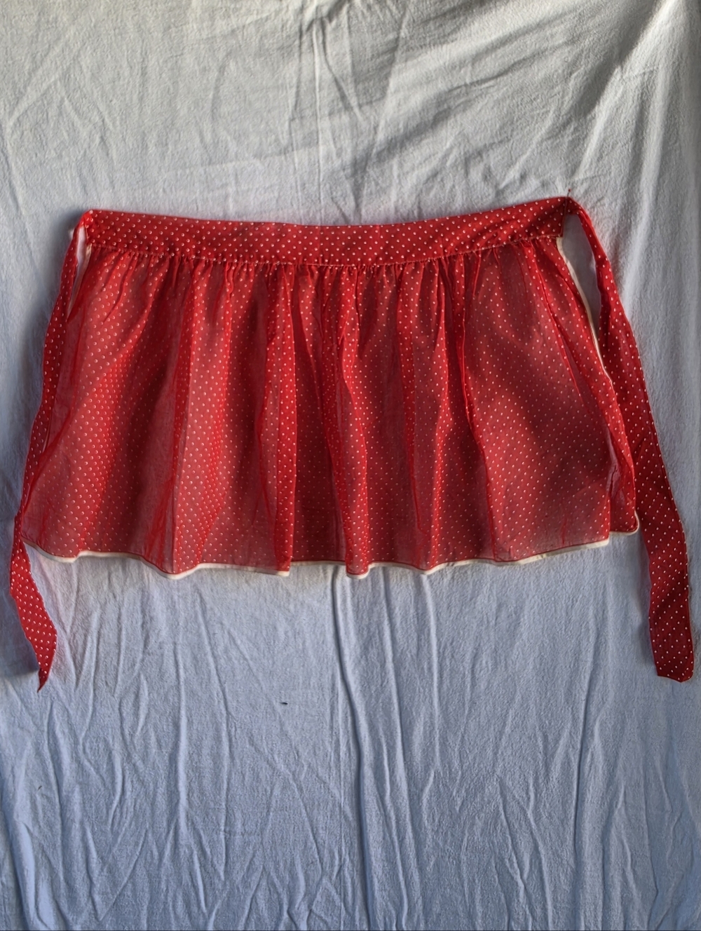 Vintage Sheer Red Polka Dot Apron White Trim Retro Kitchen Hostess